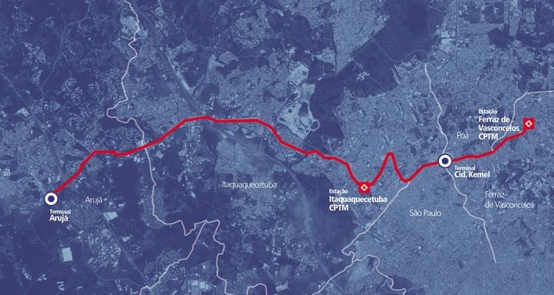 Mappa di corredor BRT metropolitano Perimetrale Alto Tietê
